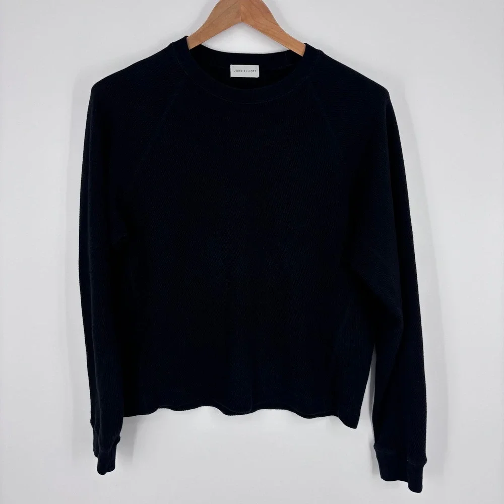 John Elliott Folsom Thermal Waffle Knit Sweatshirt‎ Mens 1 Small Black Raglan